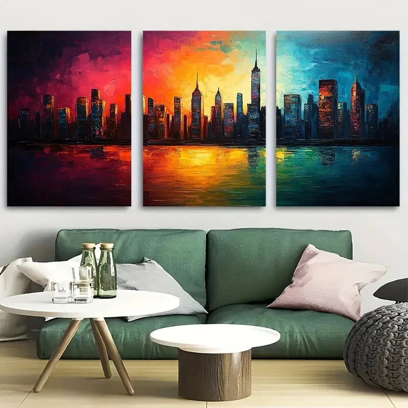 3pcs Abstract Shimmering City Skyline Metal Print Ready to Hang Art