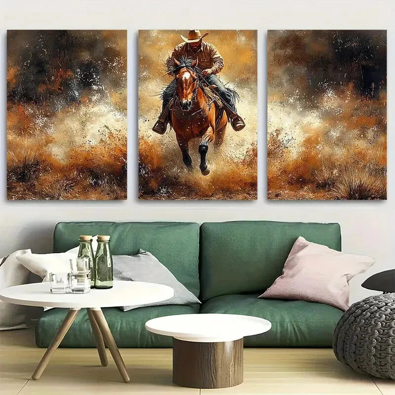 3pcs Wild West Cowboy Riding Horse Metal Print Ready to Hang Art