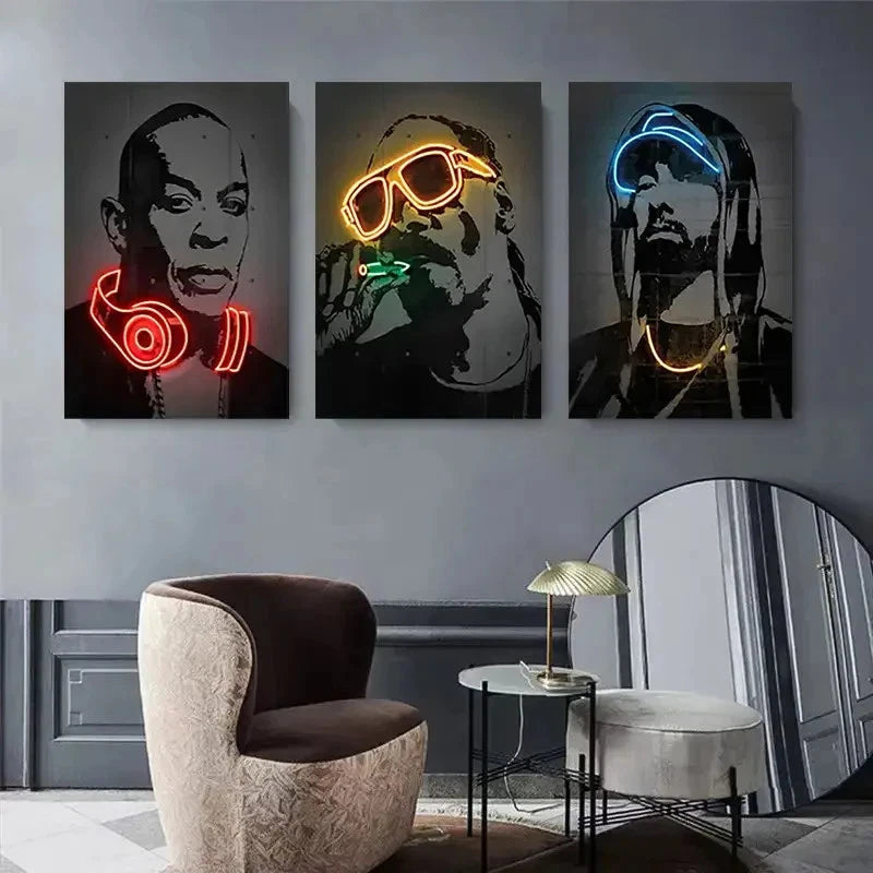 3pcsNeon Light Hip-Hop Stars Street Art Metal Print Ready to Hang Art