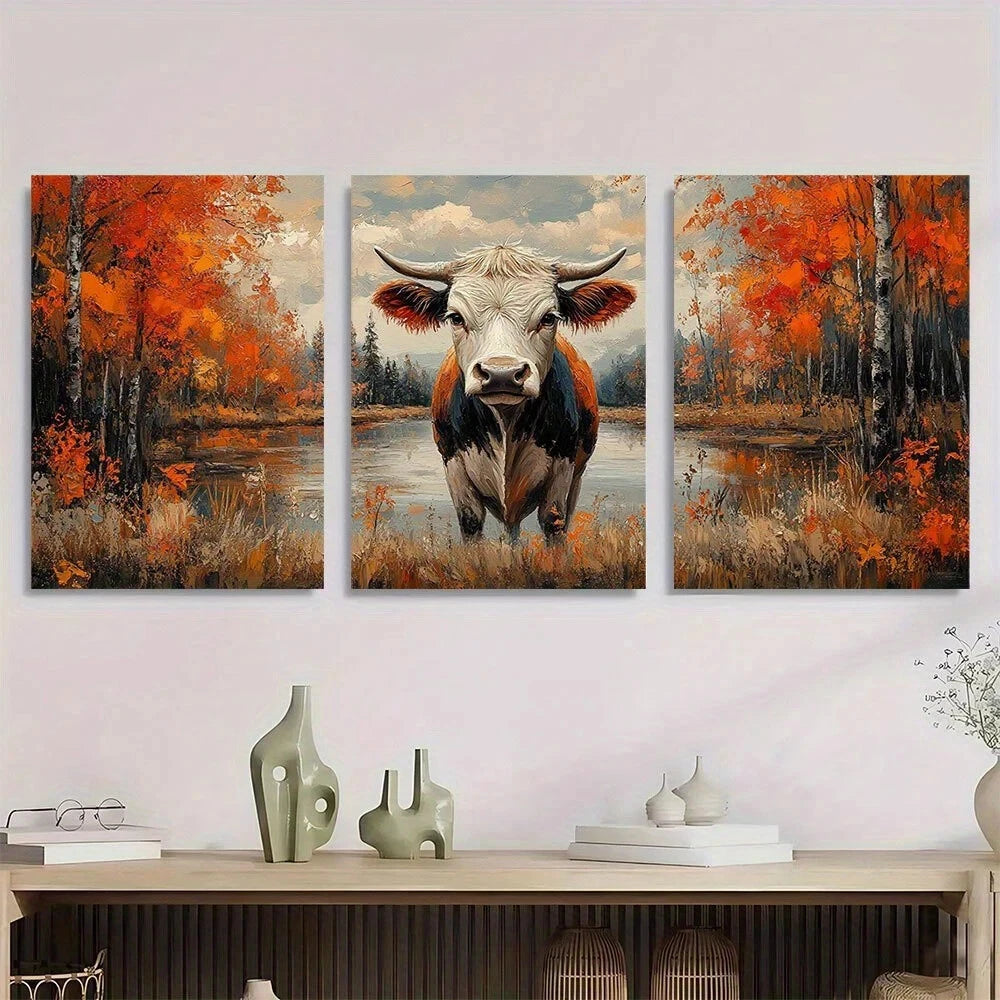 3pcs Farmhouse Painting Brown & Blue Cow Autumn Metal Print Ready to Hang Art