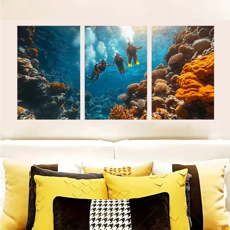 3pcs Colorful Coral Reef Scene with Diver Metal Print Ready to Hang Art
