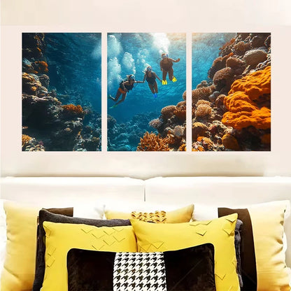 3pcs Colorful Coral Reef Scene with Diver Metal Print Ready to Hang Art
