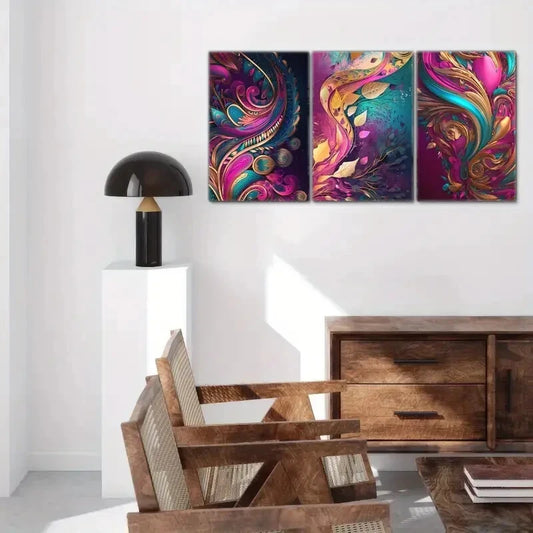 3pcs Vibrant Abstract Wall Decor in Pink Golden Metal Print Ready to Hang Art