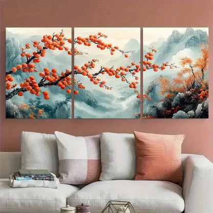 3pcs Elegant Persimmon Branch Traditional Chinese Metal Print Ready to Hang Art