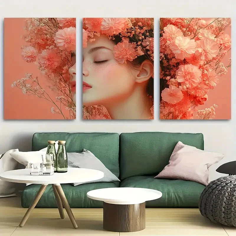 3pcs Woman with Flower Headdress Metal Print Ready to Hang Art