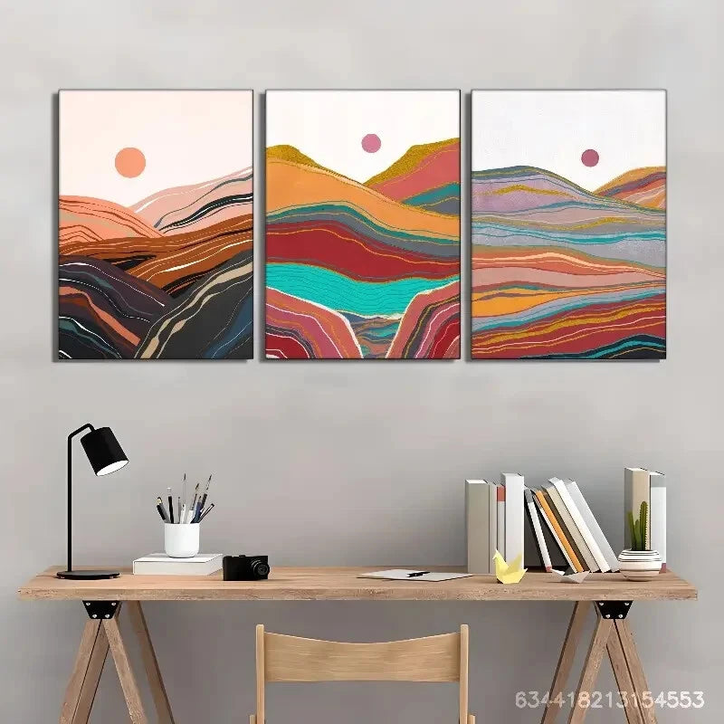 3pcs Elegant Mountains and Sun Line Art poster Metal Print Ready to Hang Art