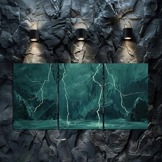 3pcs Oil Painting Lightning on Rainy Days Metal Print Ready to Hang Art