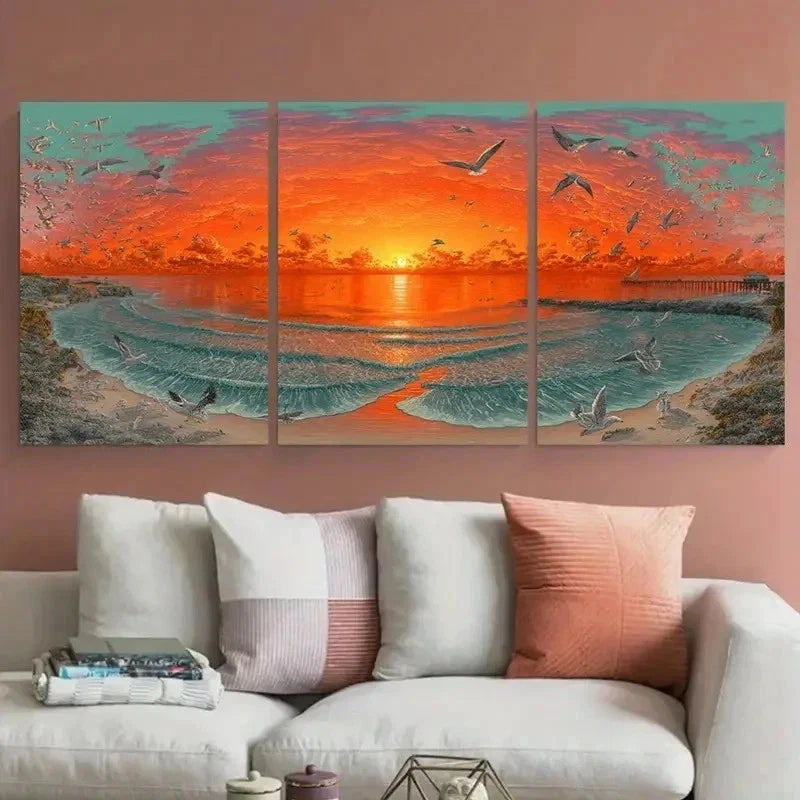 3pcs Seaside Sunrise Ocean Wave Seagulls Perfect  Wall Art Set Canvas Framed 60x90cm - High Quality Print 100% Australian Made Wall Canvas Ready to Hang