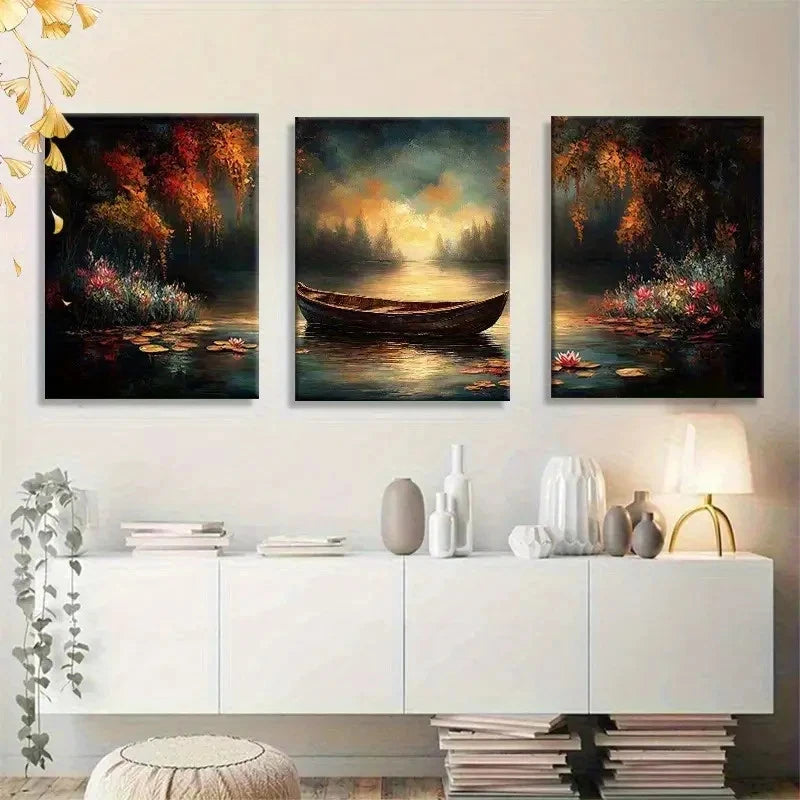 3pcs Vintage Autumn River Boat Sunset Scenery Metal Print Ready to Hang Art