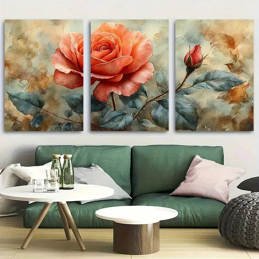 3pcs Vibrant Rose Watercolor Botanical Cottagecore Metal Print Ready to Hang Art