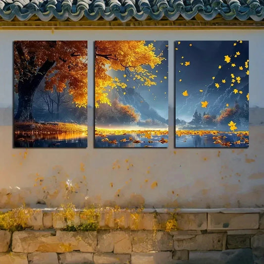 3pcs Vibrant Autumn Scenery Nature Landscape Metal Print Ready to Hang Art