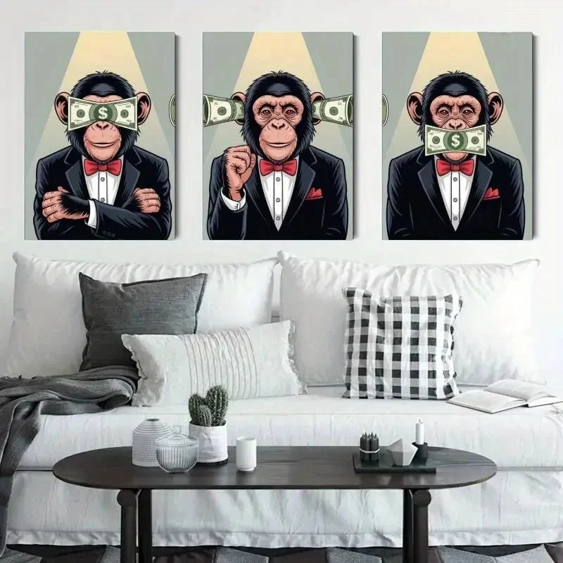 3pcs Monkey Money Tuxedo Animal Illustration Metal Print Ready to Hang Art