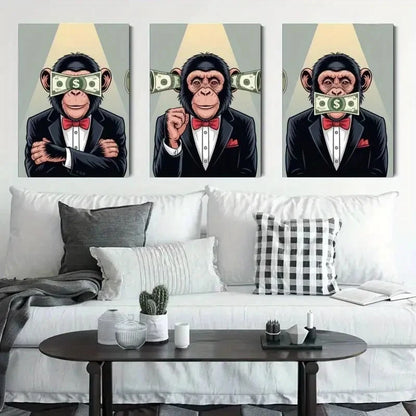 3pcs Monkey Money Tuxedo Animal Illustration Metal Print Ready to Hang Art