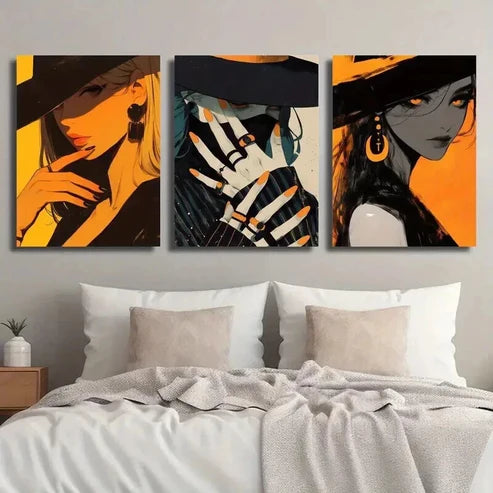 3pcs Mysterious Woman with Orange Nail Perfect Wall Art Canvas Unframed - High Quality Print 100% Australian Made Wall Canvas