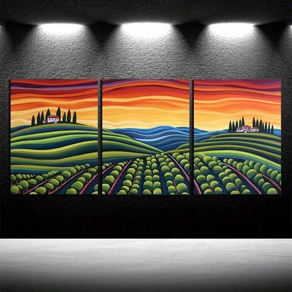 3pcs Vibrant Rural Valley Landscapes with Fields Metal Print Ready to Hang Art