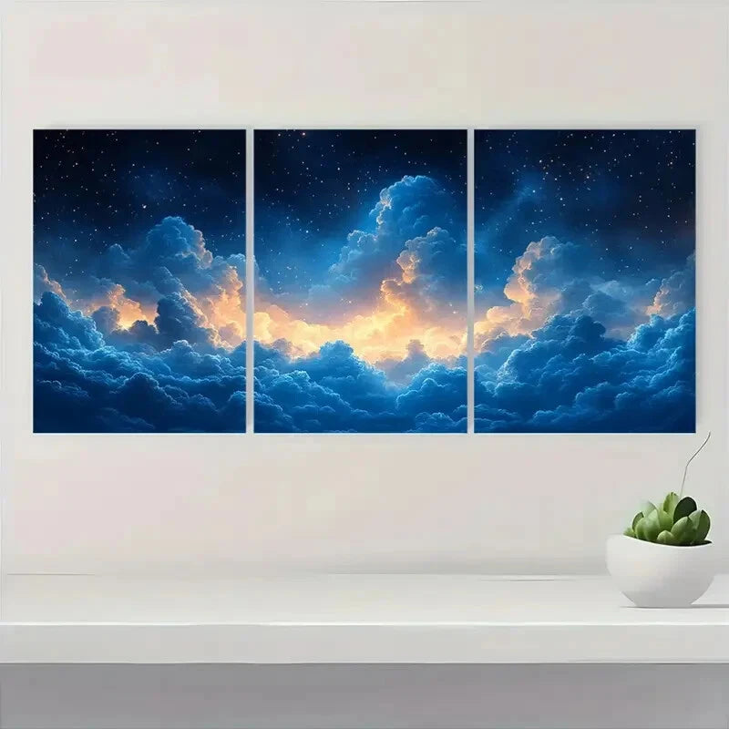 3pcs Abstract Cloud Sky Navy Blue & Orange Art Metal Print Ready to Hang Art