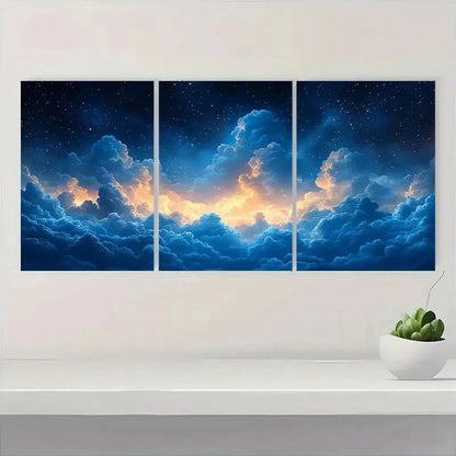 3pcs Abstract Cloud Sky Navy Blue & Orange Art Metal Print Ready to Hang Art