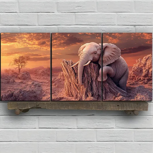 3pcs The Elephant on The Tree Stump Metal Print Ready to Hang Art