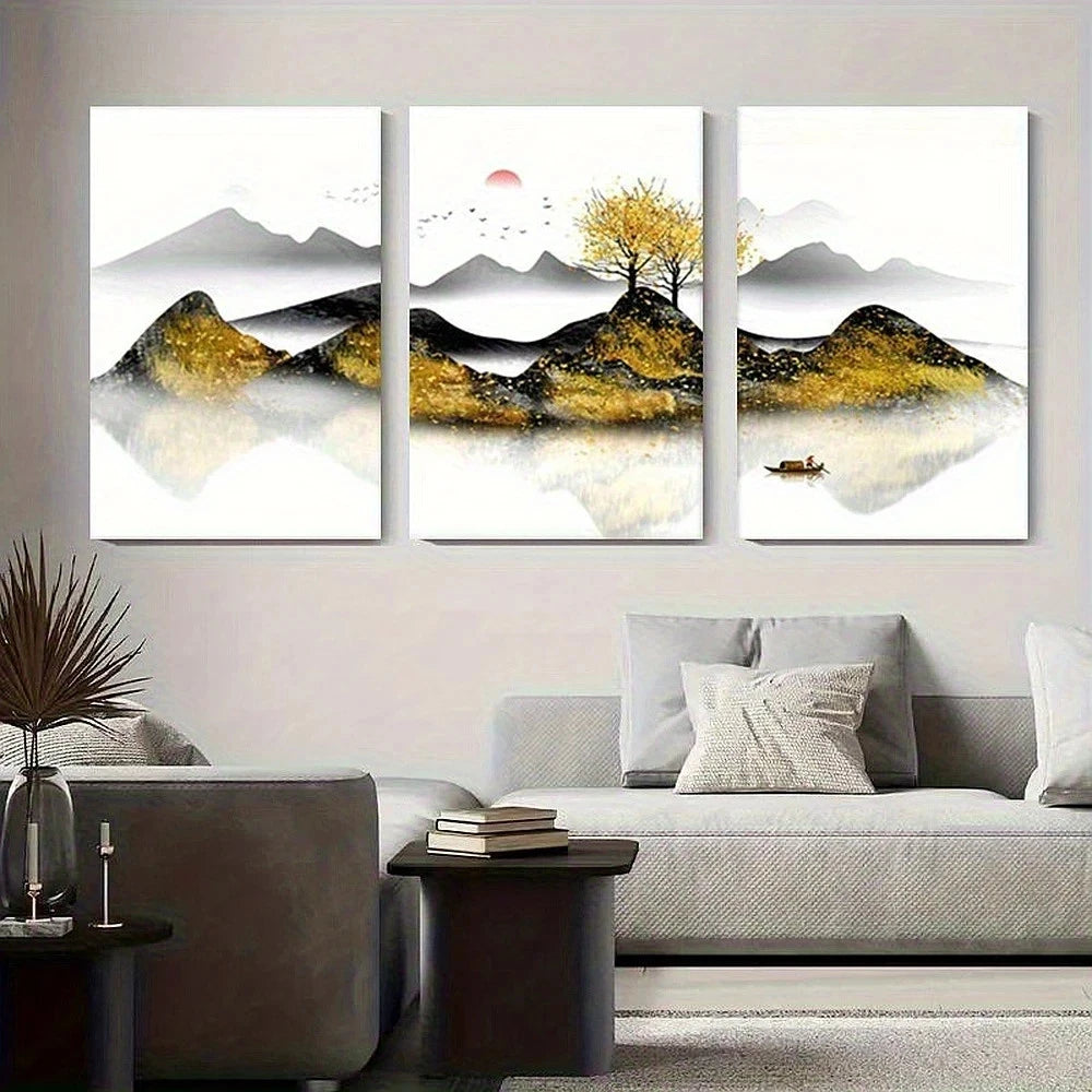 3pcs Serene Nature Scene with Mountains Trees Metal Print Ready to Hang Art