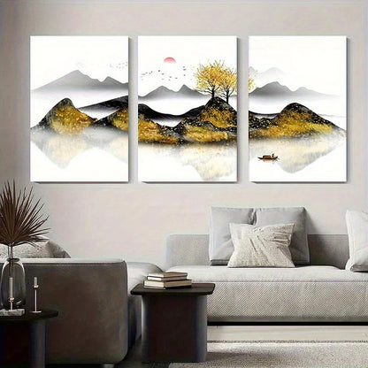 3pcs Serene Nature Scene with Mountains Trees Metal Print Ready to Hang Art