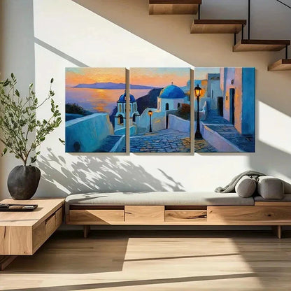 3pcs Santorini Sunset Mediterranean Coastal Scene Metal Print Ready to Hang Art