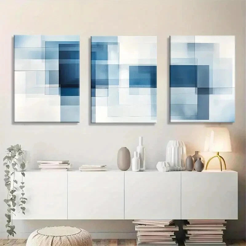3pcs Blue Geometric Abstract Modern Metal Print Ready to Hang Art