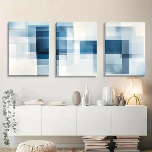 3pcs Blue Geometric Abstract Modern Metal Print Ready to Hang Art