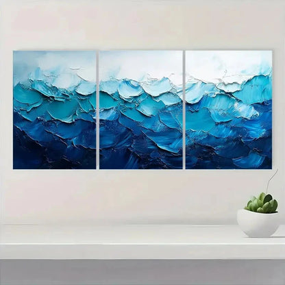 3pcs Textured Abstract Blue & Green Minimalist Metal Print Ready to Hang Art