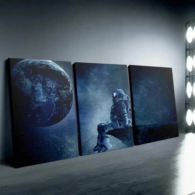 3pcs Astronaut Gazing at Earth Triptych   wall  Art Set Canvas Framed 60x90cm - High Quality Print 100% Australian Made Wall Canvas Ready to Hang