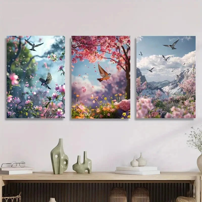 3pcs Plant Flowers And Birds Animal Art Peach Metal Print Ready to Hang Art