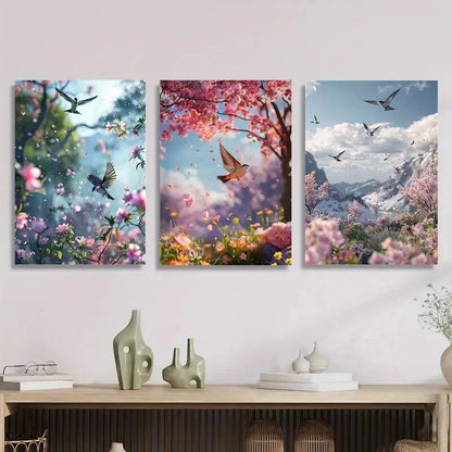 3pcs Plant Flowers And Birds Animal Art Peach Metal Print Ready to Hang Art