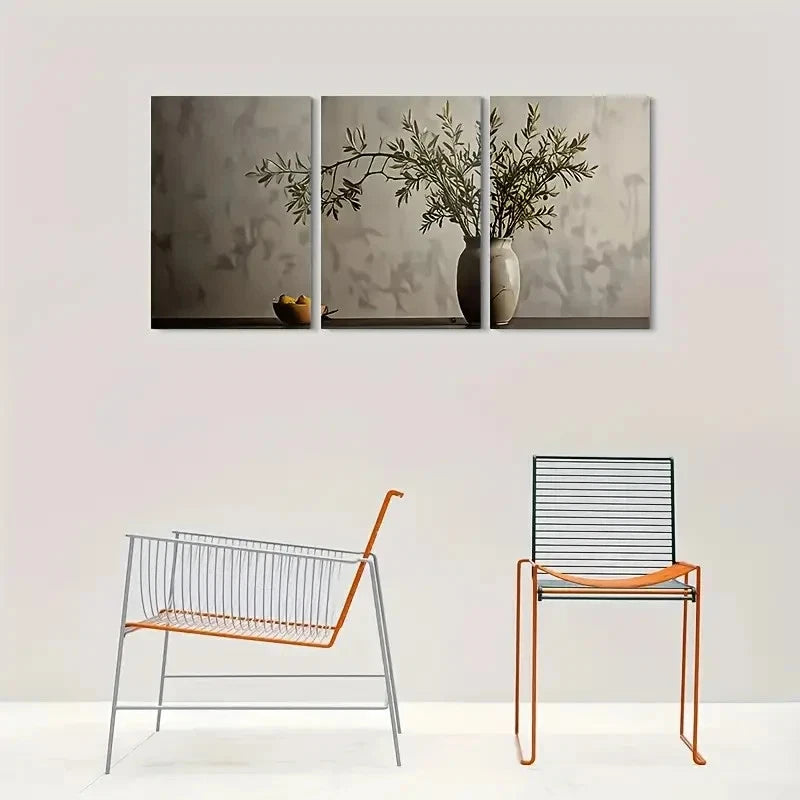 3pcs Abstract Nature Olive Branches Vase Metal Print Ready to Hang Art