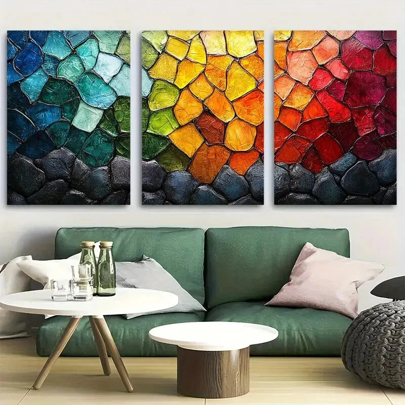 3pcs Mosaic Stained Glass Styled Design Metal Print Ready to Hang Art