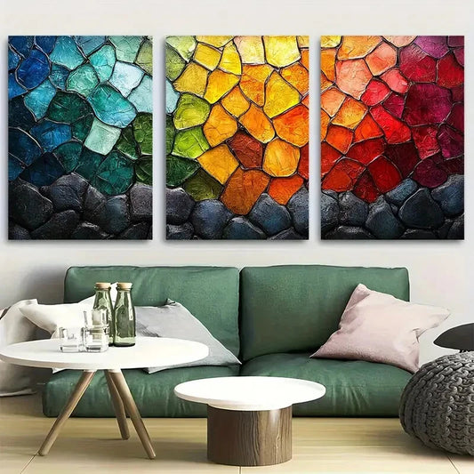 3pcs Mosaic Stained Glass Styled Design Metal Print Ready to Hang Art