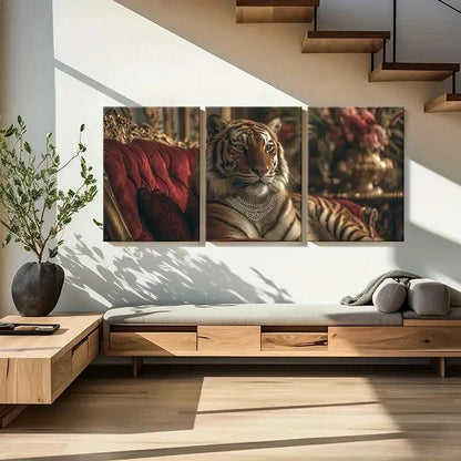 3pcs Elegant Tiger Luxury Sofa Ornate Metal Print Ready to Hang Art