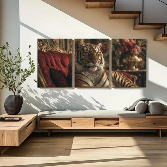 3pcs Elegant Tiger Luxury Sofa Ornate Metal Print Ready to Hang Art