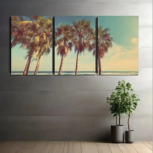 3pcs Vintage Palm Trees in the Sun Wall Art Metal Print Ready to Hang Art
