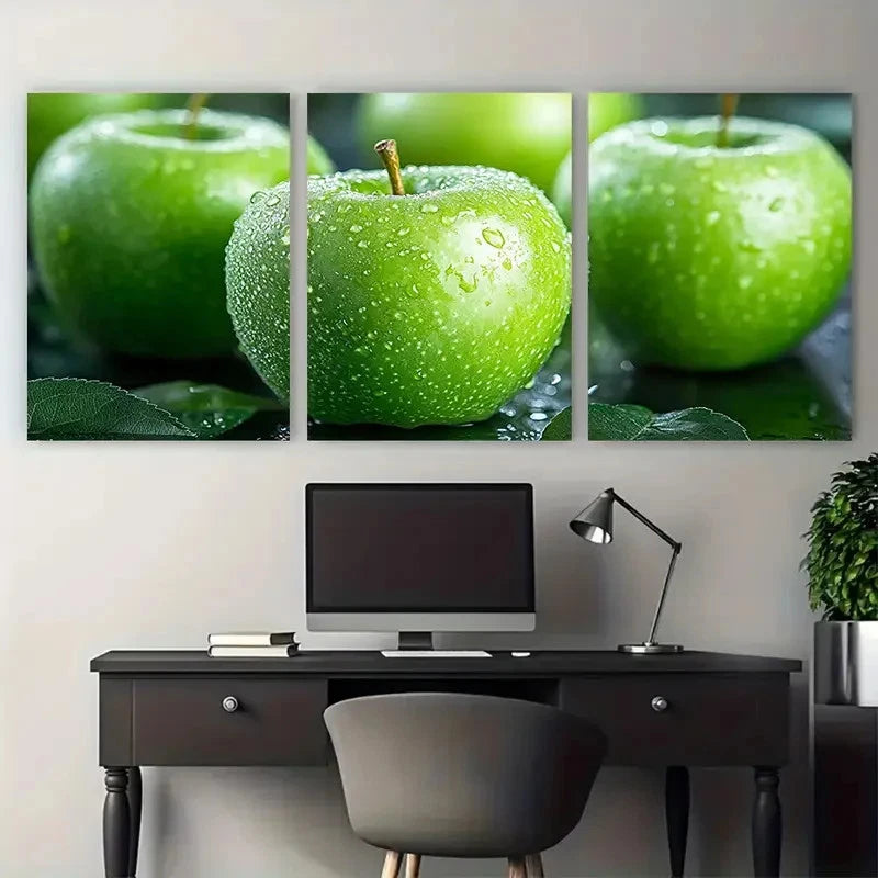 3pcs Green Apple Fruits Still Life Illustration Wall Art Set Canvas Framed 40x60cm - High Quality Print 100% Australian Made Wall Canvas Ready to Hang