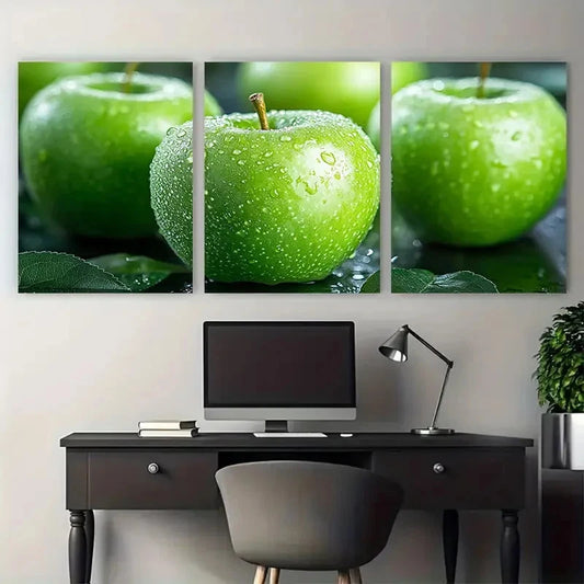 3pcs Green Apple Fruits Still Life Illustration Wall Art Set Canvas Framed 40x60cm - High Quality Print 100% Australian Made Wall Canvas Ready to Hang