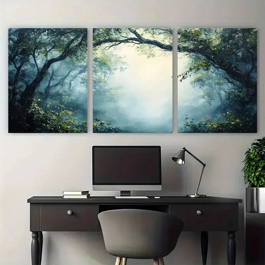 3pcs Tranquil Misty Woodland Serene Greenery Metal Print Ready to Hang Art