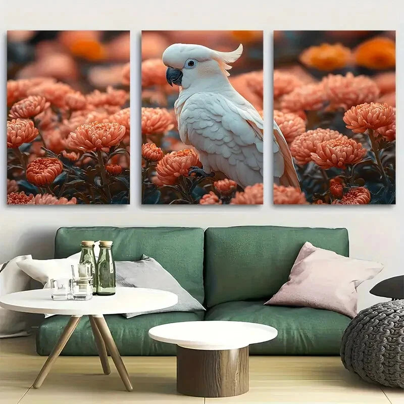 3pcs White Cockatoo Chrysanthemum Design Metal Print Ready to Hang Art