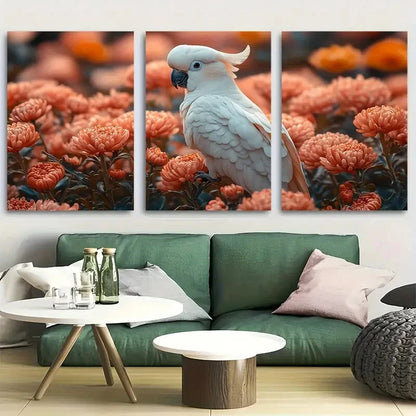 3pcs White Cockatoo Chrysanthemum Design Metal Print Ready to Hang Art