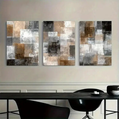 3pcs Abstract Light Brown White and Grey Squares Metal Print Ready to Hang Art