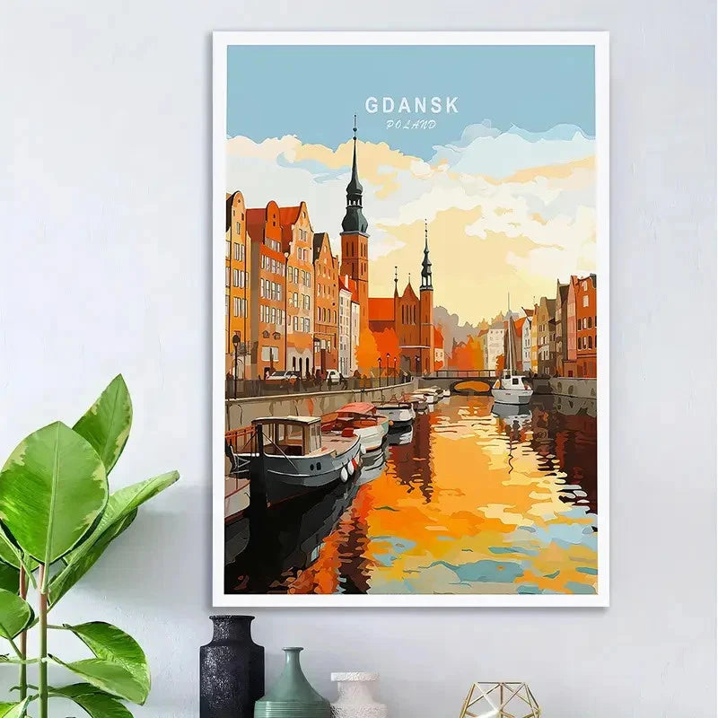 Vintage Polish Gdansk Canal Scene Architecture Travel Poster Print Wall Art
