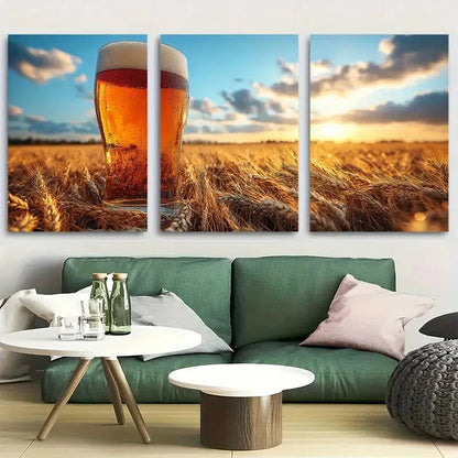 3pcs Glass of Beer In A Wheat Field Design Metal Print Ready to Hang Art