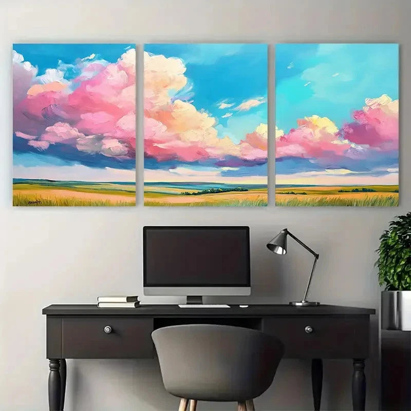3pcs Vibrant Pink Clouds Landscape Blue Sky Wall Art Set Canvas Framed 50x70cm - High Quality Print 100% Australian Made Wall Canvas Ready to Hang