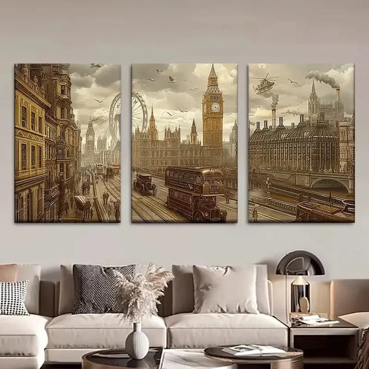 3pcs Vintage London-Inspired Steampunk City Metal Print Ready to Hang Art