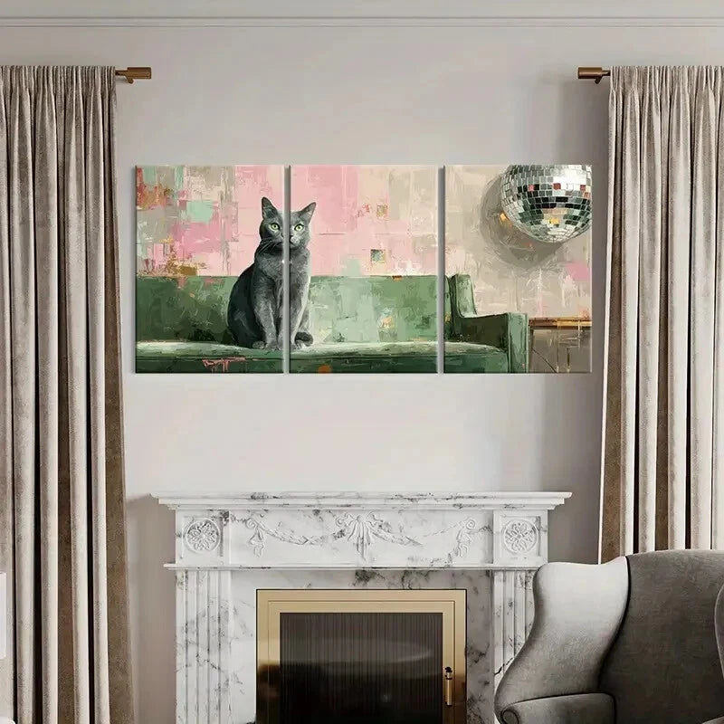 3pcs Urban Chic Green Sofa & Disco Ball Design Metal Print Ready to Hang Art