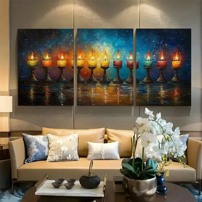 3pcs Blue & Golden Starry Candles Night Design Metal Print Ready to Hang Art