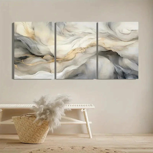 3pcs Abstract Marble Beige Gray White Metal Print Ready to Hang Art